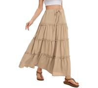 WUWUSKY Women's Skirts Elastic High Waist Flowy Maxi Skirt Summer Casual Elasticated A Line Skirts with Pockets,Light Coffee,M