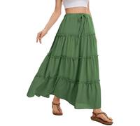 WUWUSKY Women's Skirts Elastic High Waist Flowy Maxi Skirt Summer Casual Elasticated A Line Skirts with Pockets,Army Green,XL