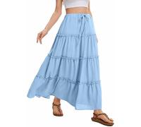 WUWUSKY Women's Skirts Elastic High Waist Flowy Maxi Skirt Summer Casual Elasticated A Line Skirts with Pockets,Light Blue,S