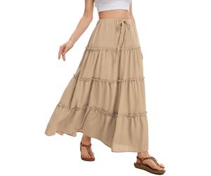 WUWUSKY Women's Skirts Elastic High Waist Flowy Maxi Skirt Summer Casual Elasticated A Line Skirts with Pockets,Light Coffee,S