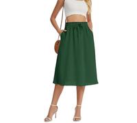 WUWUSKY Women's Skirts Elastic High Waist Flowy Midi Skirt Summer Casual Elasticated A Line Skirts with Pockets,Dark Green,S