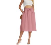 WUWUSKY Women's Skirts Elastic High Waist Flowy Midi Skirt Summer Casual Elasticated A Line Skirts with Pockets,Brick Red,XL