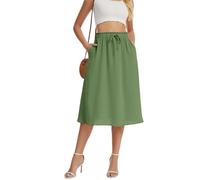 WUWUSKY Women's Skirts Elastic High Waist Flowy Midi Skirt Summer Casual Elasticated A Line Skirts with Pockets,Army Green,L