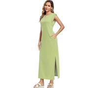 WUWUSKY Women's Sleeveless Maxi Dress with Round Neck and Side Slit - Elegant Casual Dresses with Two Pockets,Army Green,S