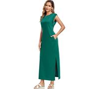 WUWUSKY Women's Sleeveless Maxi Dress with Round Neck and Side Slit - Elegant Casual Dresses with Two Pockets,Dark Green,S