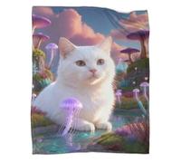 WUXHRL White Cat Fleece Throw Blanket, Super Soft & Cosy Flannel, Fantasy Plants Throw, Versatile Warmth for Any Occasion For Women/Men 70x80inch(180x200cm)