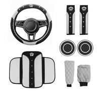 Wuyaoyao 8PCS Car Accessories Set, Bling Crown Leather Car Steering Wheel Cover w/Armrest Pad, Seat Belt Cover Pads, Gear Shift & Handbrake Covers, Cup Holder Coasters, Auto Interior Decor (White)