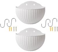 Wuyooprt 2PCS Imitation Rattan Wall Hanging Flower Pot, Half Round Han-ging Planter Outdoor with Drainage Hole and Hooks, Plasti-c Garden Basket for Balcony Fence, Indoor Outdoor