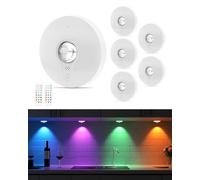 WUYOR Rechargeable RGB Puck Lights with Remote Control, 1500mAh Battery Under Cupboard Kitchen Lamp, Dimmer & Timer Under Cabinet, Wireless LED Stick-On for Closet, Bedroom - White 6Pcs