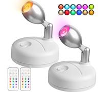 WUYOR Wireless LED Spotlight with Remote Control, Battery Wall Spotlights Indoor, RGB Art Lights Color Changing Picture Light Dimmer Puck Lights Display Lamps Wall Light (2 Pack, White)