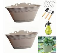 Wuyue Hua 2 large wall mounted hanging flower pots, gardening pots, indoor/outdoor for railing, fence, balcony, garden, home decoration (Beige, 2 flower pots+4hooks+1spray bottle+3-piece set)
