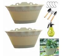 Wuyue Hua 2 large wall mounted hanging flower pots, gardening pots, indoor/outdoor for railing, fence, balcony, garden, home decoration (green, 2 flower pots+4hooks+1spray bottle+3-piece set)