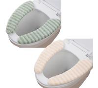 Wuyue Hua 2Pairs Plush Warm Thick Padded Toilet Seat Cover Mat Non Slip Soft Toilet Seat Cushion Washable Bathroom Warmer (GREEN+Beige)