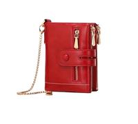 WUYXTO Women's Wallet Leather Short with Chain Large Capacity Three Layer Zero Retro Women's Wallet for Woman Coin Pocket(Red)