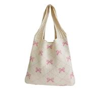 WUZIA Crochet Tote Bag Mesh Beach Bag Fairycore Hobo Bag Fairy Grunge Aesthetic Shoulder Bag Y2k Purse for Women(White+Bow)
