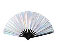 WUZIA Silver Holographic Rave Hand Fan Large Folding Clack Handheld Fan with Bright Color Film Design for Festivals Dance Performance Outfit Props