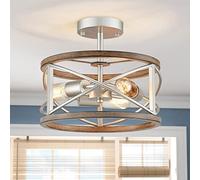 WUZUPS Chandelier 3-Light Vintage Farmhouse Industrial Imitation Wood Grain Semi-Flush Mount Ceiling Light Lighting Fixture for Foyer Hallway Storage Room Kitchen Bathroom, H 30 x W 24, Nickel