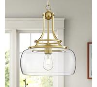 WUZUPS Chandelier Rustic Farmhouse Industrial Round Ceiling Pendant LED Light Fixture with Clear Glass Shades for Dining Room Kitchen Island Foyer Entryway, H 43 x W 34, E27 Base, Gold
