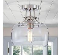 WUZUPS Chandelier Rustic Farmhouse Industrial Round Semi-flushmount Ceiling LED Light Fixture with Clear Glass Shades for Bathroom Kitchen Foyer Entryway, H25 x W25, E27 Base, Brushed Nickel