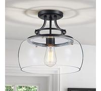 WUZUPS Chandelier Rustic Farmhouse Industrial Round Semi-flushmount Ceiling LED Light Fixture with Clear Glass Shades for Bathroom Kitchen Foyer Entryway, H 30 x W 34, E27 Base, Black