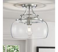 WUZUPS Chandelier Rustic Farmhouse Industrial Round Semi-flushmount Ceiling LED Light Fixture with Clear Glass Shades for Bathroom Kitchen Foyer Entryway, H 30 x W 34, E27 Base, Brushed Nickel