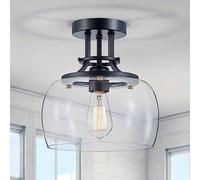 WUZUPS Chandelier Rustic Farmhouse Industrial Round Semi-flushmount Ceiling LED Light Fixture with Clear Glass Shades for Bathroom Kitchen Foyer Entryway, H25 x W25, E27 Base, Black