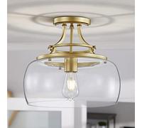 WUZUPS Chandelier Rustic Farmhouse Industrial Round Semi-flushmount Ceiling LED Light Fixture with Clear Glass Shades for Bathroom Kitchen Foyer Entryway, H 30 x W 34, E27 Base, Gold