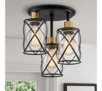WUZUPS Chandelier Semi Flushmount Industrial 3-Light Ceiling Light Fixture Clear Seeded Glass Shade for Entryway Porch Foyer Kitchen Dining Room Bathroom, W29 H34, E27 Base Black with Brass