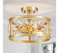 WUZUPS Crystal Leaf Chandelier 3-Light Vintage Farmhouse Industrial Semi-Flush Mount Ceiling Light Modern Lighting Fixture Foyer Hallway Storage Room Kitchen Bathroom, H 22 W 30, Gold