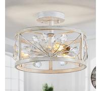 WUZUPS Crystal Leaf Chandelier 3-Light Vintage Farmhouse Industrial Semi-Flush Mount Ceiling Light Modern Lighting Fixture Foyer Hallway Storage Room Kitchen Bathroom, H 22 W 30, Antique White