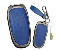 WUZUTU Durable Leather Protection Car Key Fob Case Cover Compatible With Tesla Model X Metal Shell Key Fob Replacement Keychain Key Holder Keyring 4 Buttons-A Blue