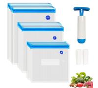 WVacFre Sous Vide Bags 15 pcs Reusable Vacuum Sealer Bags Zip Lock bag for Food Storage and Cooking BPA Free with Pump and 2 Sealing Clips