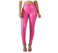 Wvapzxx Plus Size PU Faux Leather Leggings Shiny Skinny Pants Women High Waist PVC Latex Pencil Trousers Rose Red