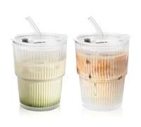 Wvu & Wvo Set of 2 400 ml Glass Cups with Lid and Straw, Airtight Waterproof Design Glass Cup Set, Glass Smoothie Cup Bubbles Tea Cups Juice Glass Milk Drinking Cup for Juice, Milk, Coffee