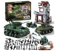 WW2 Army Tank Building Sets Compatible with Lego (1452 Pieces), Includes US Sherman & Stuart Tanks, War-Torn House, Military Motorcycle and Weapons, Ideal Military Toys Gifts for Kids & Adults