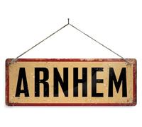 WW2 Locations ARNHEM - Black. Small metal sign with 4 corner holes. Vintage war crown office door Allied