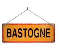 WW2 Locations BASTOGNE. Small metal sign with 4 corner holes. Vintage war crown office door Allied