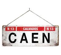 WW2 Locations CAEN. Small metal sign with 4 corner holes. Vintage war crown office door Allied