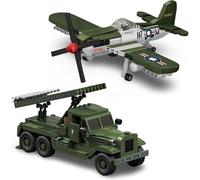 WW2 Military Building Blocks Set, P-51 Fighter & BM-13 Rocket Launcher, Militarys Building Set Model, Creative Gifts for Military Enthusiasts and Boys, 1044 PCS
