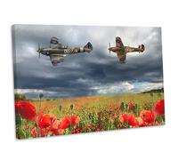 WW2 RAF Hurricane & Spitfire Over Poppy Field Wall Art Framed Canvas Print Picture (No.2) (10x16 Inch / 25x40cm)