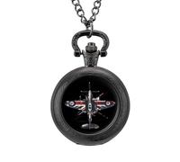 WW2 Spitfire Iconic British Airplane Distressed UK Jack Flag Pocket Watch Vintage Quartz Pocket Watches with Chain for Men Women Black-Style
