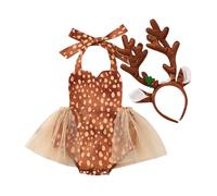 WWAYBEI Baby Girls Christmas Reindeer Costume Set Romper Tutu Dress with Antlers Headband Newborn Xmas Reindeer Cosplay Outfit Set (Khaki, 12-18 Months)