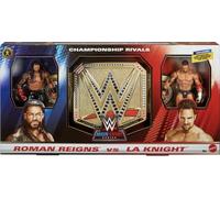 WWE Roman Reigns vs LA Knight Mattel Maint Event Action Wrestling Figures and Undisputed Champion Championship Toy Title Belt Bundle