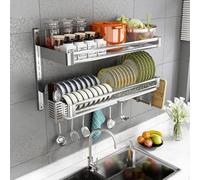 WWERTYY Double-Tier Wall-Mounted Dish Rack Adjustable Kitchen Drying with Cutlery Storage Stainless Steel Over-Sink Rack(Dish Basket+Flat mesh Basket,80cm/31in)