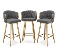 WWERTYY Modern 360° Swivel Barstools, Bar Height Bar Stools Set of 1/2/3/4, 25.6/29.5 Inch Seat Height Upholstered Kitchen Chairs with Steel Legs and Footrest,Grey Gold Leg,3 PCS