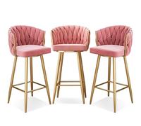 WWERTYY Modern 360° Swivel Barstools, Bar Height Bar Stools Set of 1/2/3/4, 25.6/29.5 Inch Seat Height Upholstered Kitchen Chairs with Steel Legs and Footrest,Pink Gold Leg,3 PCS