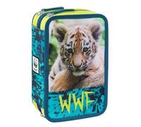 WWF Tiger Elementary School Triple Photo Case, Pencil Case and Pencil Case Full with 18 Coloured Pencils, 18 Markers + Free Whistle Keyring and Coloured Pen