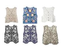 WWHJR Women Hollow Out Crochet V-Neck Vest Cardigan French Knit Geometric Floral Vintage Loose Button Crop Top Waistcoat Hollow Crochet V-Neck Vest Cardigan