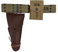 WWII M1936 Webbing Canvas Belt OD Green with M1911 Colt Holster Dark Brown Right and .45 Colt Pouch