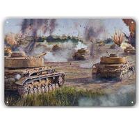 WWII Military Tank Battlefield Scene Tin Sign 8x6 in - Historic War Armor Metal Wall Decor